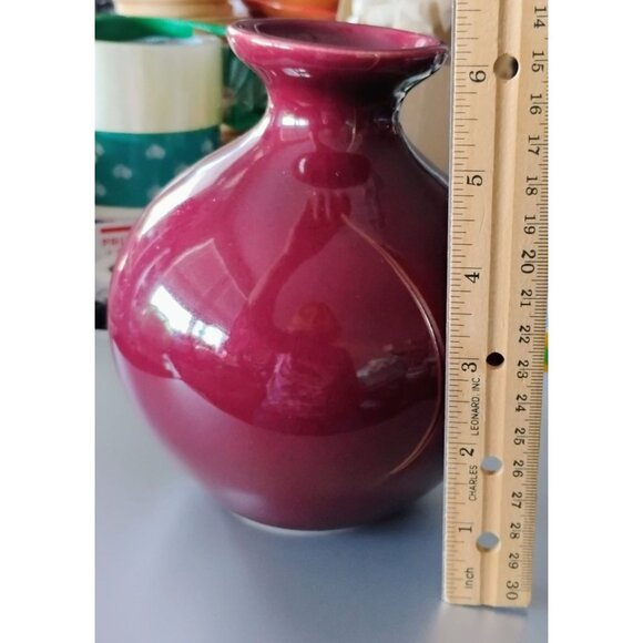 Vintage HAEGER Pottery Maroon Vase Round Glossy Red Burgundy 1990 6" Ceramic - Picture 7 of 7